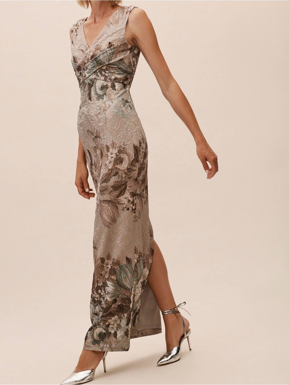 BHLDN Adrianna Papell Lilliana Metallic Floral Jacquard Maxi Dress Gown 8 MOB